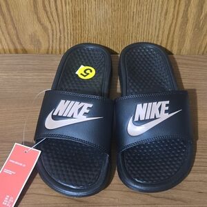 Nike Black Slides with Metallic Rose Swoosh